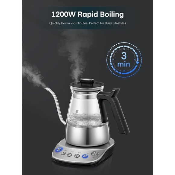 Electric Gooseneck Kettle, Glass Electric Tea Kettle with 4 Temperature Control - Picture 3 of 8
